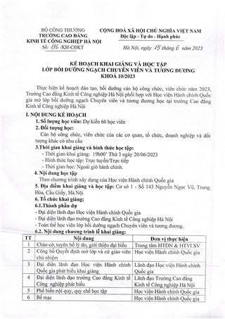 Kế hoạch khai giảng và học tập lớp bồi dưỡng ngạch Chuyên viên và tương đương khóa 10/2023